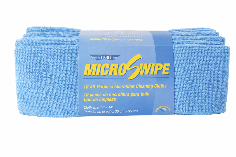Close up of Ettore Blue MicroSwipe microfiber cloth used for window cleaning