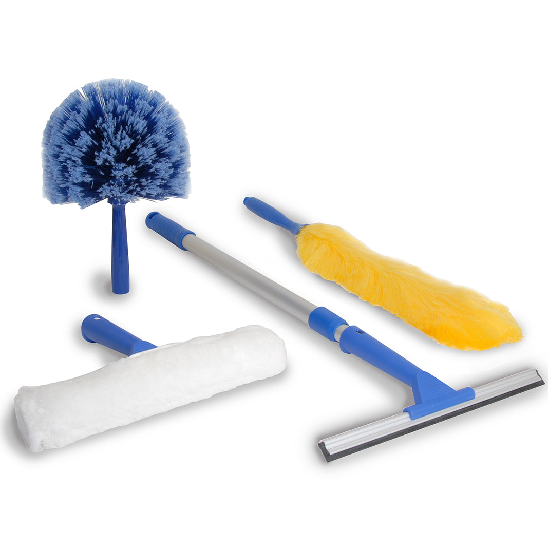 Complete window cleaning and dusting kit with squeegee washer and dusters